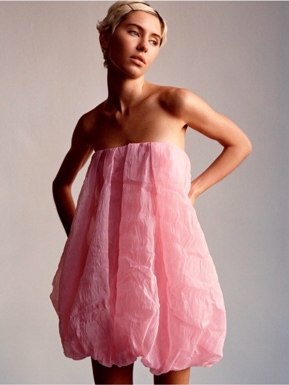 Zara Strapless Bubble Mini Dress in Light Pink